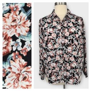 Lauren Conrad Womens Floral Button Up Top Size 1X Pleated Relaxed Long Sleeve